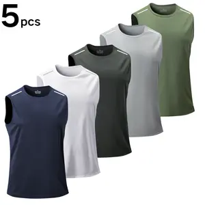 Men's Solid Color Crew Neck Sleeveless Sports Tank Top with Breathable Mesh & Reflective Strips for Summer Wear