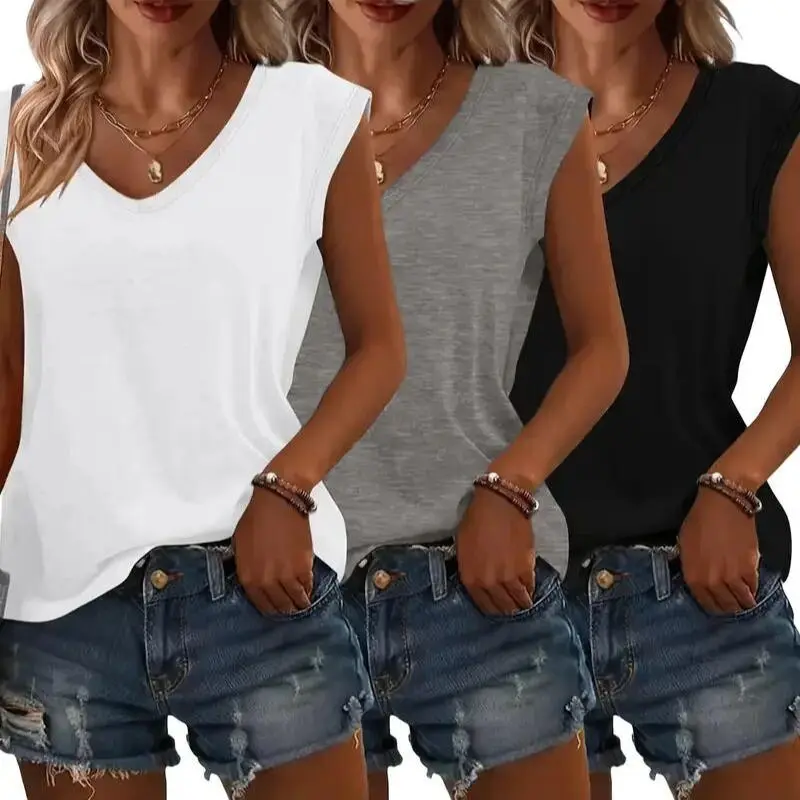 Women's 3-Pack Sleeveless V-Neck Solid Minimalist Tops - Comfortable Soft Lightweight Breathable Fabric, Fit for Casual Workwear, Women's Cardigans & Basic Blouses, Women's Tops