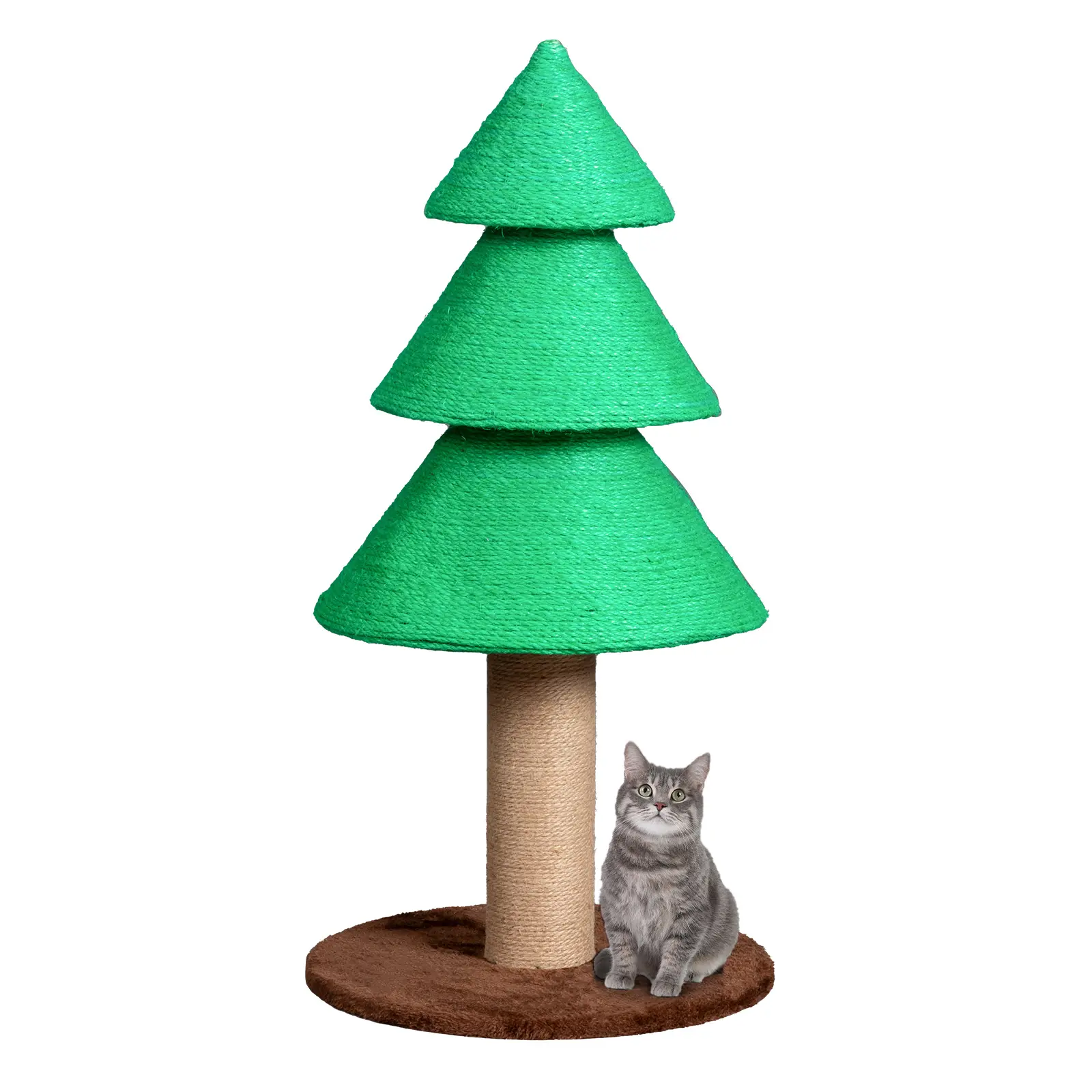 Single Christmas Cat Tree Scratcher - 15.7x15.7x31.5in Green Festive Shape, Plain Sisal Rope Post for Indoor Cats, Cozy Fleece Base, Sturdy Construction, Hassle-Free Assembly, Encourages Healthy Scratching, Holiday Gift Option
