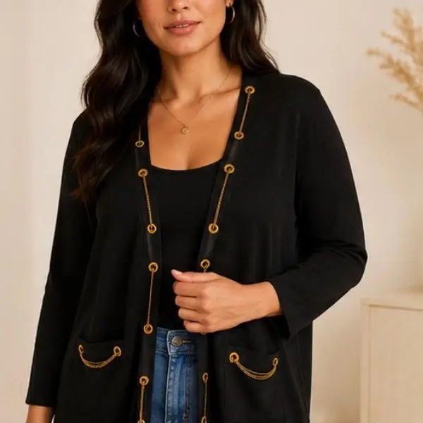 Carmen Marc Valvo Women’s Black Gold Chain Open Front Cardigan M-L-XL NWT
