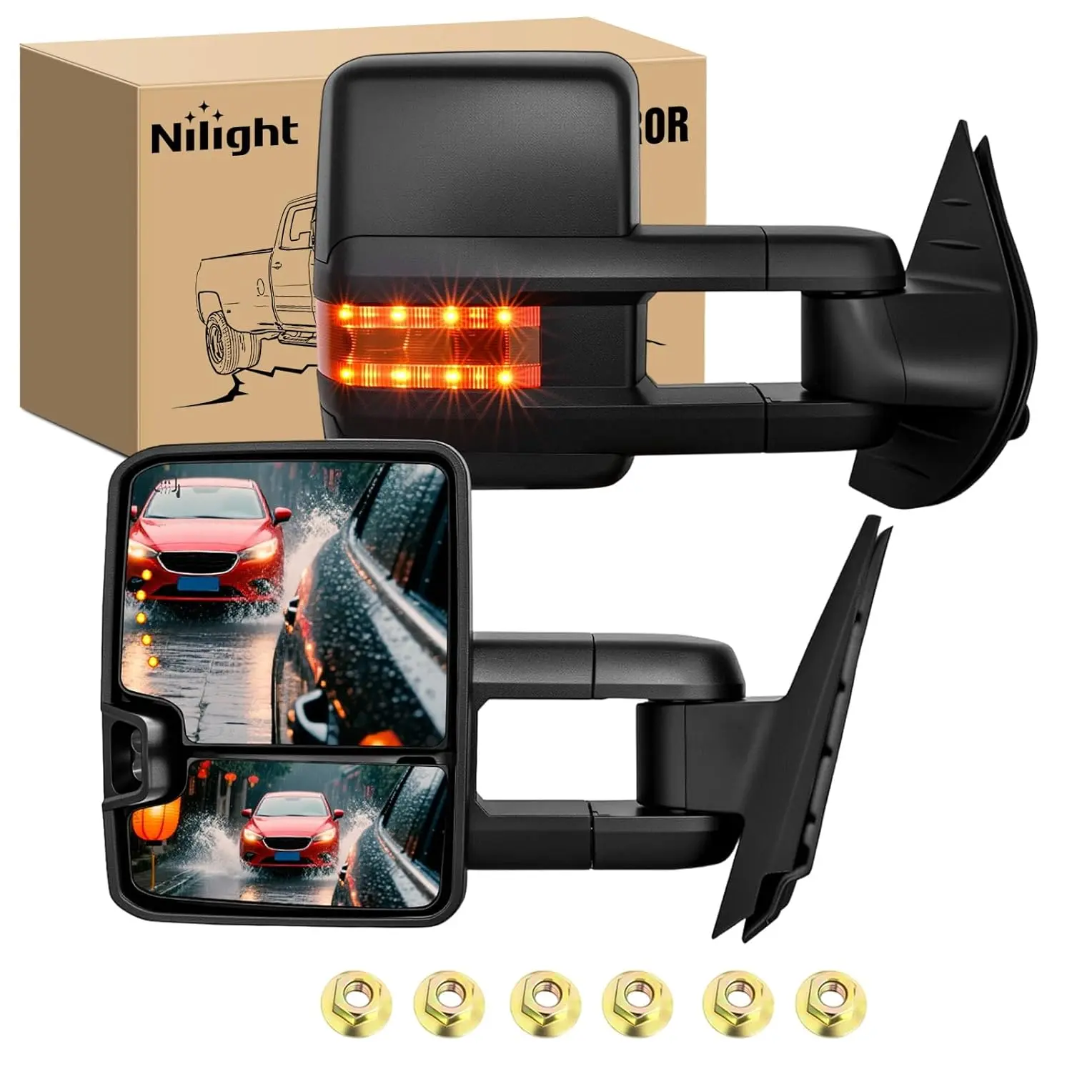Nilight ABS Power Heated Foldable Towing Side Mirrors for Chevy/GMC - 2007-2014 Silverado, Sierra, Yukon XL, Flat/Convex Adjustable Glass, Turn Signals, Reverse Light, Manual Telescoping, 3 Extra Wires, Boost Driving Safety, Turn Signal, New Body, Wider V