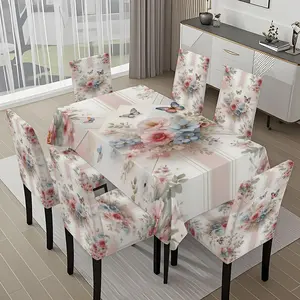 5/7-piece 2D Flat Printing Spring Joy Pink Blue Flowers Butterflies Printing Pattern Tablecloth and Chair Cover Set, for dining table and chair decoration, perfect for home, holiday gatherings, restaurants, and parties, Chair Covers Set