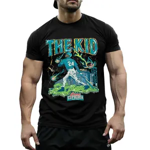 "The Kid" Ken Griffey Jr. Baseball Polyester T-Shirt - Viral MLB Retro Graphic Tee, Breathable Quick-Dry Crewneck, Durable Non-Cotton Fabric, Thunderbolt Print for Baseball Fans & Game Day