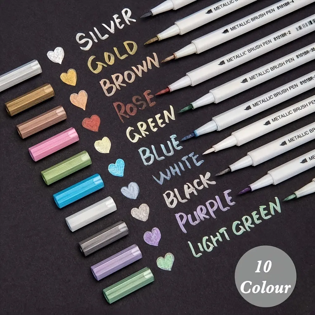 10 Pcs Metallic Flexible Tip Calligraphy Brush Pen Set - 1-2mm Line Width, Non-Toxic Water-Based Ink, Brilliant Colors, Opaque Coverage, Smooth Writing, Safe for Beginners, Precision Office Stationery Tool