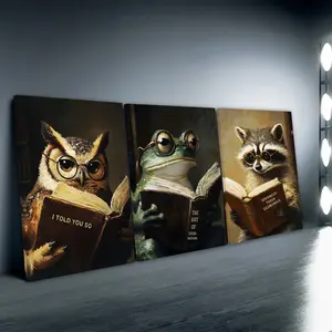 3pcs/Set Wooden Frame, Funny Reading Animal Reading Print Poster, Sarcastic Animal Wall Art Canvas Painting, Funny Owl, Raccoon, Frog Reading Wall Pictures, Ideal For Bathroom, Bedroom, Office, Living Room, Home Decoration
