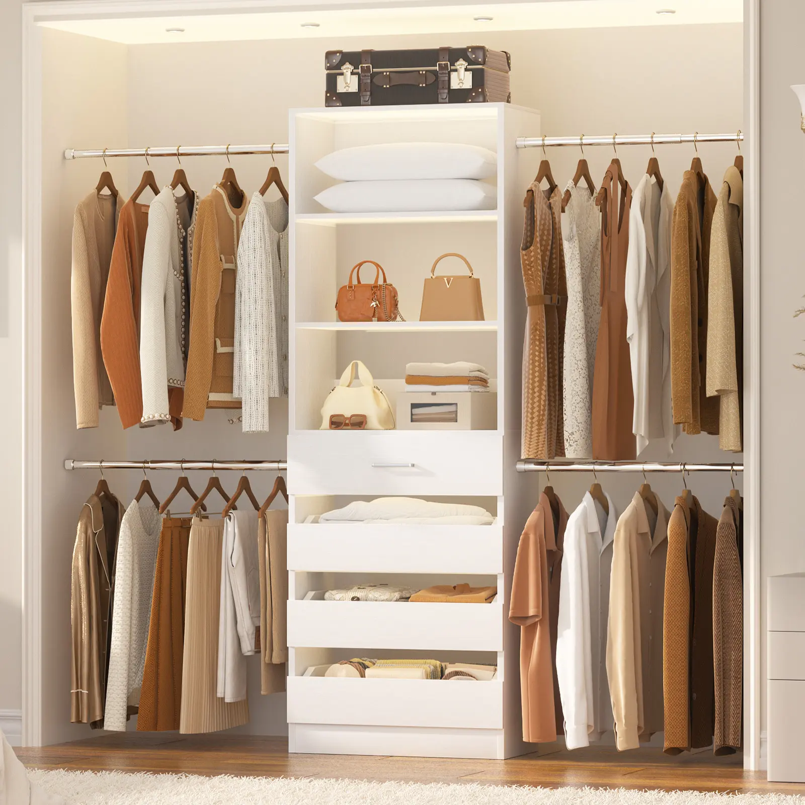 4-9FT Closet Organizer System with 4 Drawers, Hanging Rods, Shelves, Adjustable Walk-In Closet Storage for Clothes, Shoes, Bags & Bedroom Wardrobe