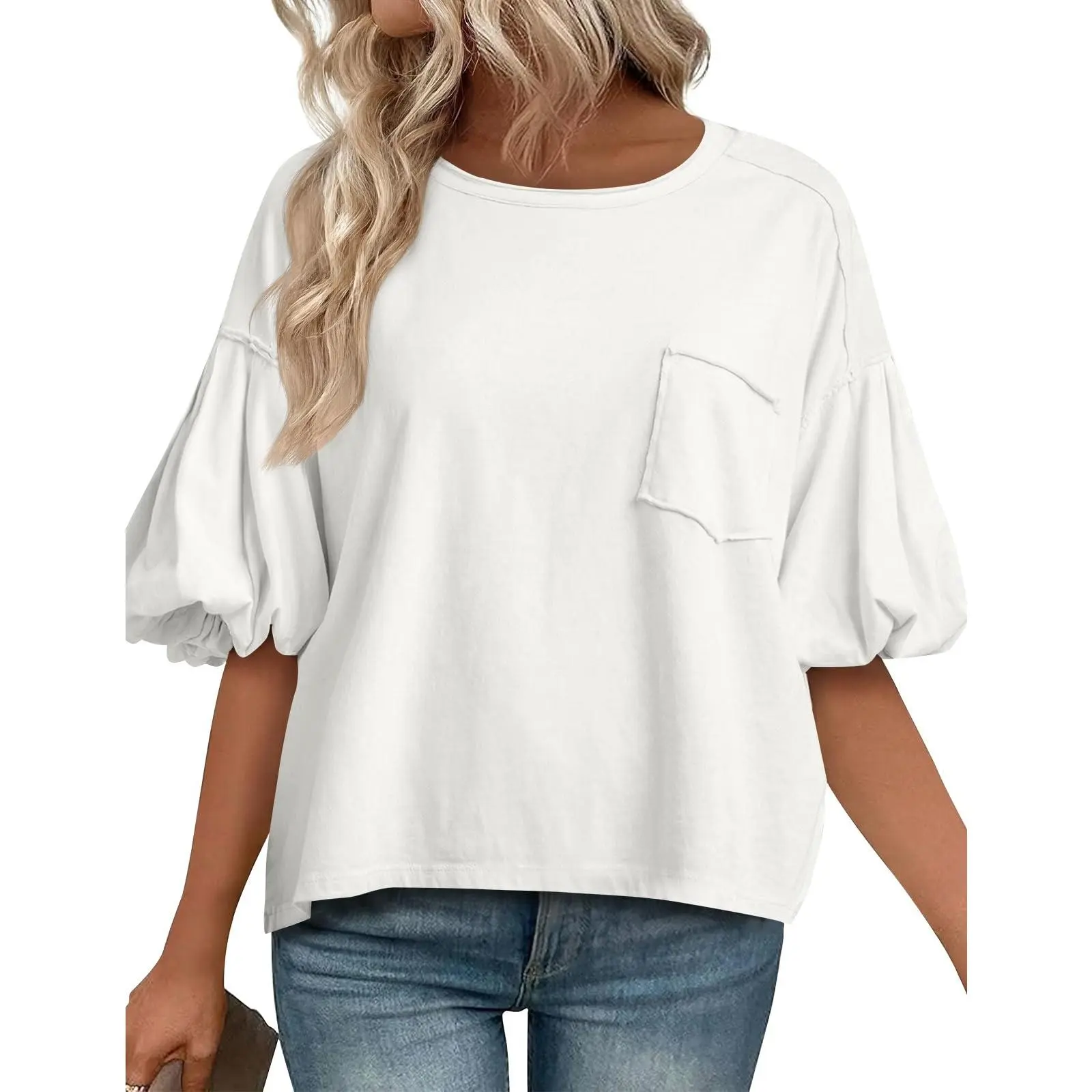 Imily Bela Women's Puff Sleeve Blouse - Balloon Lantern Short Sleeves, Crew Neck, Loose Fit Summer Casual Top with Chest Pocket, Soft Fabric, Day