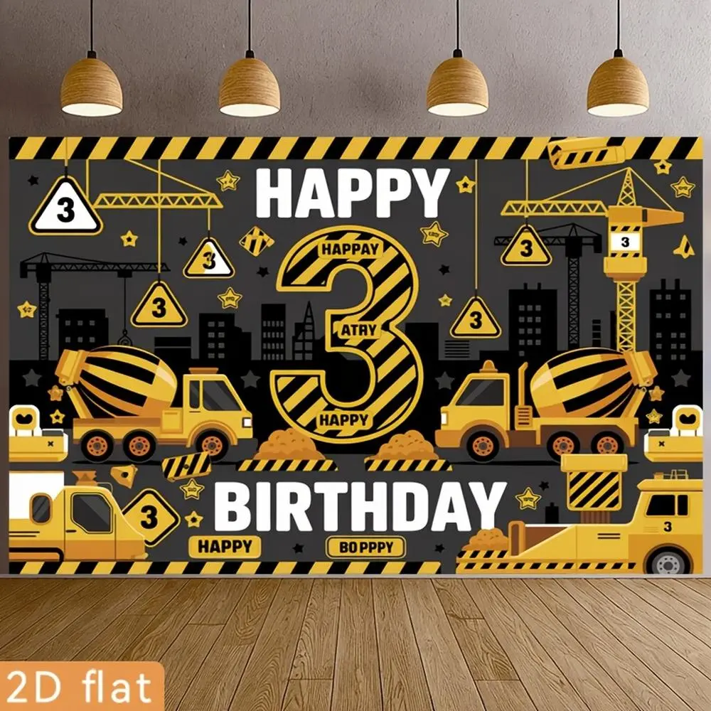 2D Flat, Party Banners 2D Flat Banner, 1pc Polyester Backdrop Construction Themed Birthday Party Invitation with Dark Gray Background Large Yellow Black Striped 3, for Party Decor Home, Club, Room, Garden, Farm,