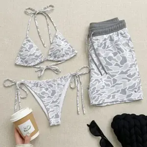 Grey Camo Matching Couple Swimwear – Sexy Triangle Tie Bikini & Men’s Drawstring Swim Shorts, Hawaiian Inspired Beachwear, Casual Resort and Holiday Bathing Suits
