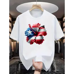 Patriotic T-Shirt Vibrant Cotton Puerto Rico Flag Hibiscus Flower T-Shirt |   Regular Fit Short Sleeve Tee for Men & Women, Breathable 100% Cotton, Summer Casual Wear, Machine Washable, Patriotic Clothing