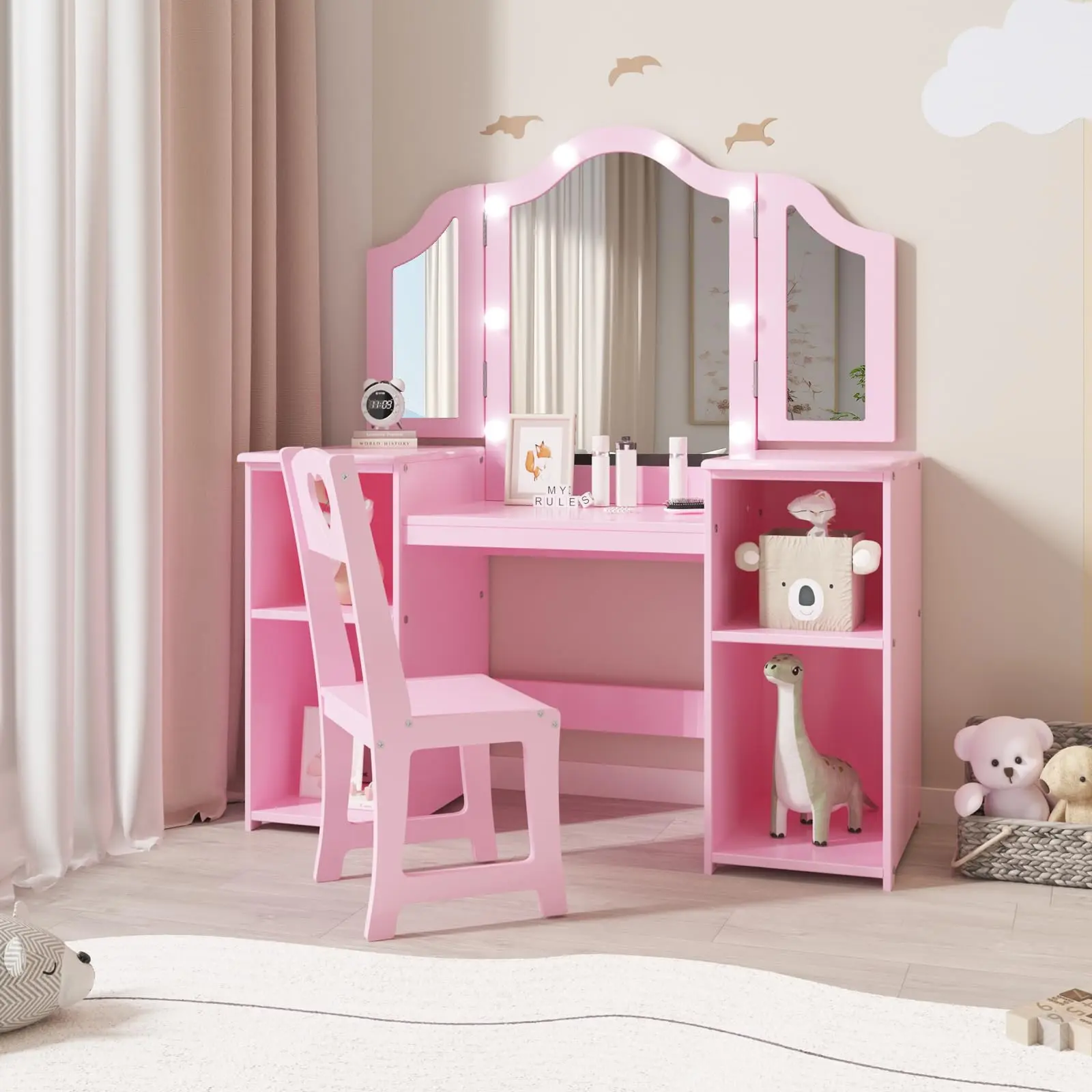 Garvee 2-in-1 Wooden Vanity and Changing Table Set with Foldable Mirror, Stool, Removable Top, Storage Drawer, Princess Makeup Computer with Touch Light, Triple Foldable Mirror, and Storage Closet for Play