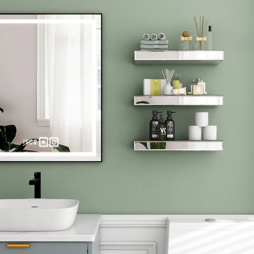 Silver Mirrored Glass Floating Shelf Set of 3 - Wall Shelves, Organizer Rack for Living Room, Bedroom Decoration Items