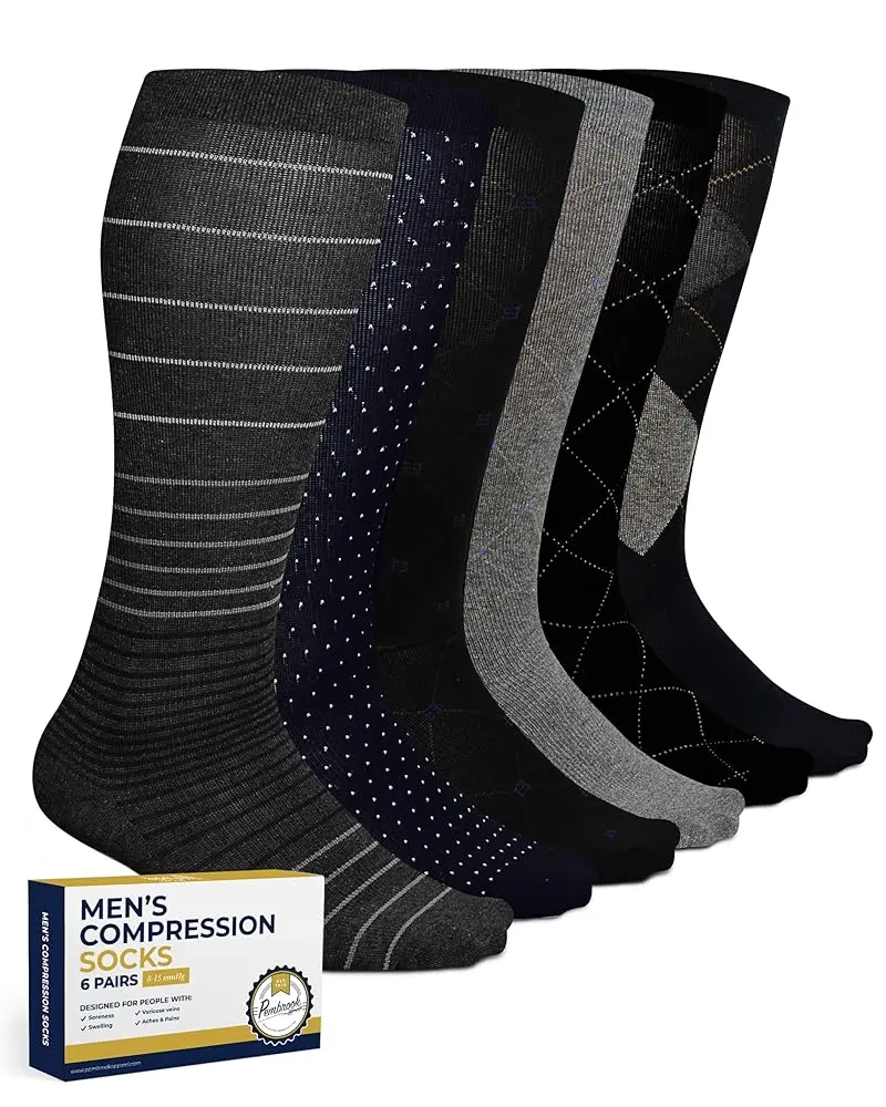 Pembrook Men's Long Fashion Compression Socks, 6 Pairs - Breathable Cotton Knee High, Argyle/Stripe/Polkadot Patterns, 8-15 mmHg Light Support, Menswear Socks