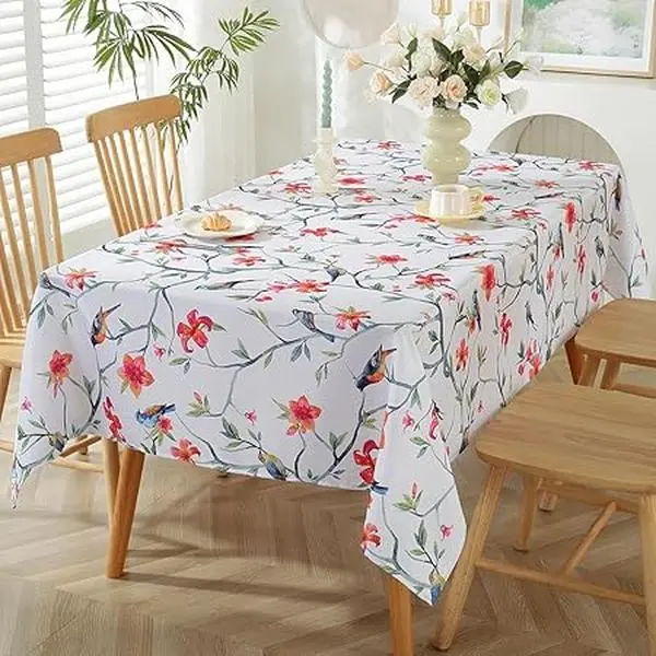 SASTYBALE Spring Summer Tablecloth for Rectangle Tables, Vibrant Floral Table Cloth with Birds & Branches, Stain Resistant Table Cover for Spring Summer Picnic Outdoor Decor