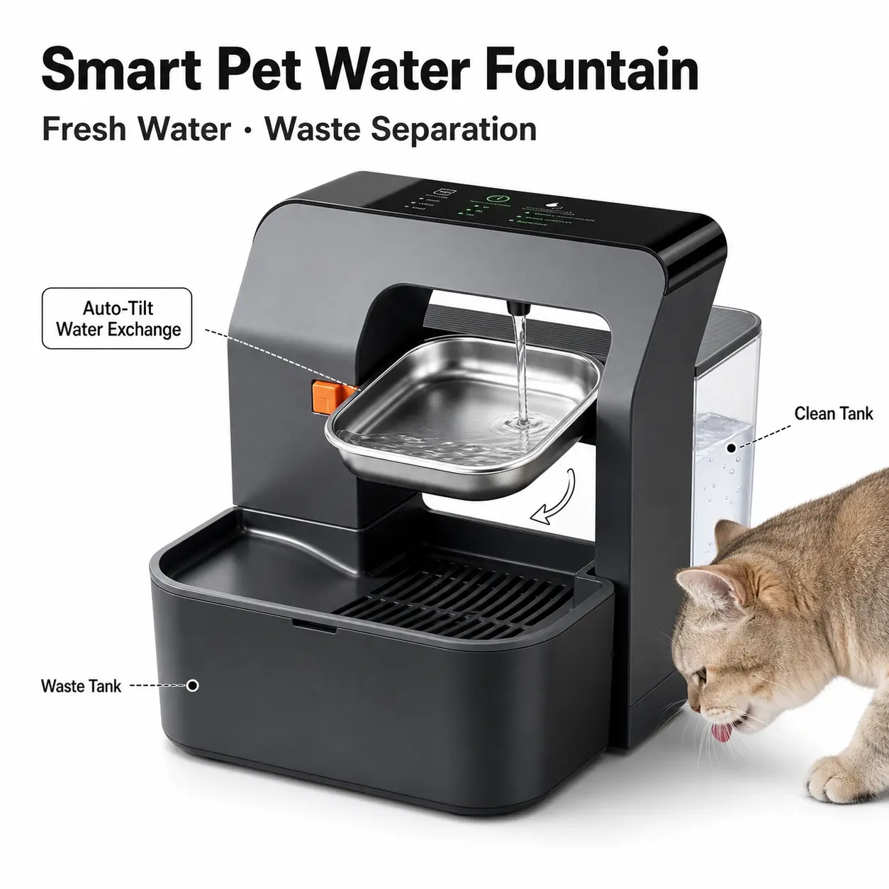 3.2L Wireless Cat & Dog Water Fountain, 304 Stainless Steel Bowl, 180-Day Wireless Freedom, 2000mAh USB-C Rechargeable Battery, Dual-Tank Wastewater Separation, No Filters, Cost-Saving Noise-Reducing Black Automatic Easy-Maintenance Dispenser, Dual-Tank D
