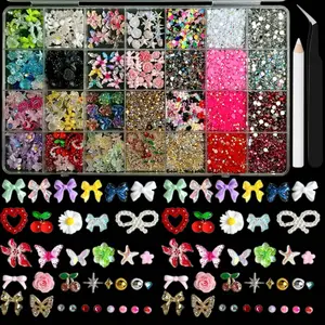 1Box 3D Multiple Style Colorful Bow Butterfly Heart Shell Resin Nail Charms Creative Simulatd Alloy Cherry Mini Rhinestone Mixed Nail Art Decorations for DIY Nails Nail Art Design