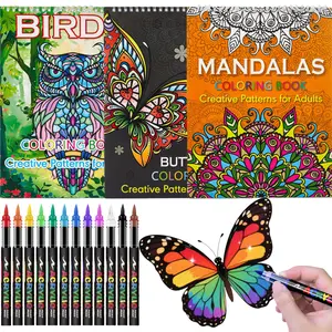 Mandala Butterfly Birds Animals Coloring Book Set - With 12 Colors Acrylic Markers Stress Relief & Relaxation,Coloring Books for Adults to Relax and Relieve Anxiety - Top Spiral Binding is Easier to Use