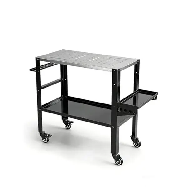 Black Steel Welding Table Workbench Top - 36x18 in, 1200 LBS Capacity, Lockable Wheels, Tool Rack, Tray, 4 Tool Slots, 5/8 Fixture Holes, Easy Installation for Welding Repair Works
