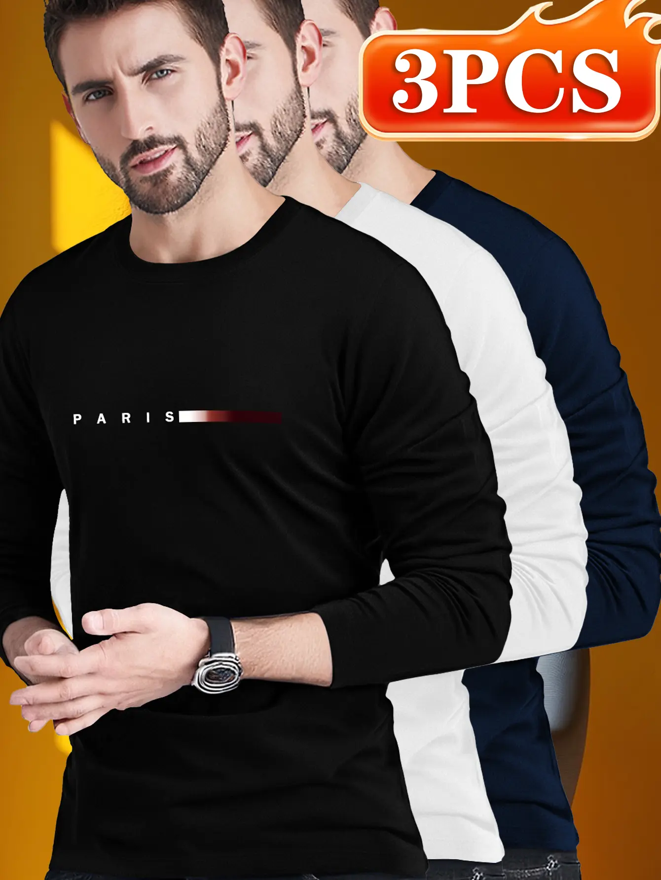 Men's three-piece set with long-sleeved shirt and round-neck casual T-shirt with letter pattern  Suitable for home, dates and outdoor activities