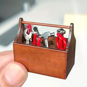 1:12 Scale Miniature Wooden Toolbox with Metal Alloy Tools Set, DIY Crafts Decorative Accessory, No Power Required