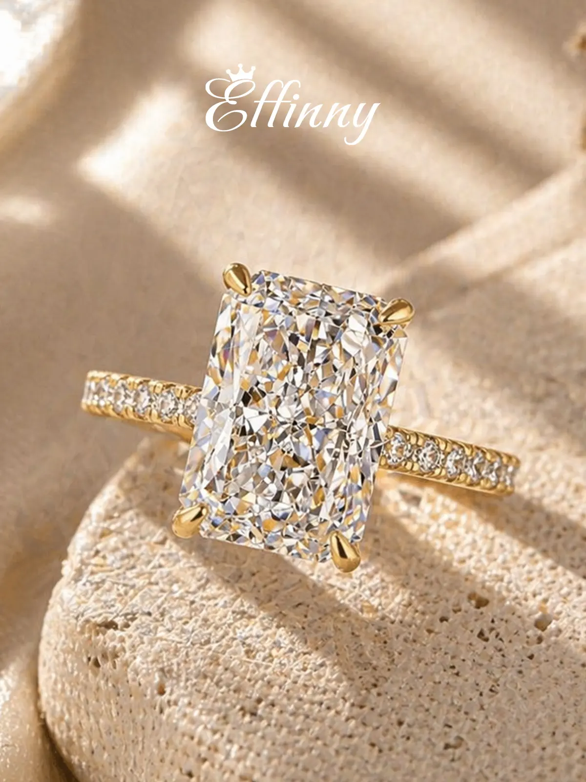 Effinny 14K Gold Plated 7.0ct Elongated Radiant Cut Tarnish-resistant Engagement Ring, CZ Fashion Luxury Promise Ring with Half Eternity Wedding Band for Party, Travel