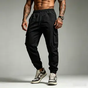 Plus Size Viral Men Multi-Pocket Cargo Jogger Pants, Quick Dry Elastic Cuff, Loose Comfy Fit, Trendy Hypebeast Streetwear, All-match Daily Outdoor Casual Everyday Essential Men Trousers tech training short