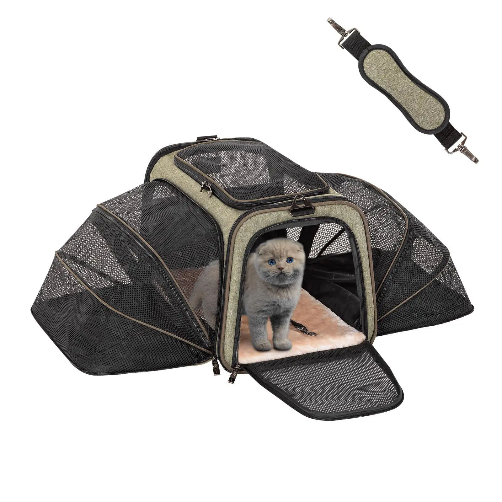 Expandable Rabbit Carrier Bunny Carriers, 16 Inch Airline Approved Pet Carrier with 2 Extensions, Soft Washable Cushion, Self-Locking Zipper Head, Built-in Safety Rope, Fit for Travel