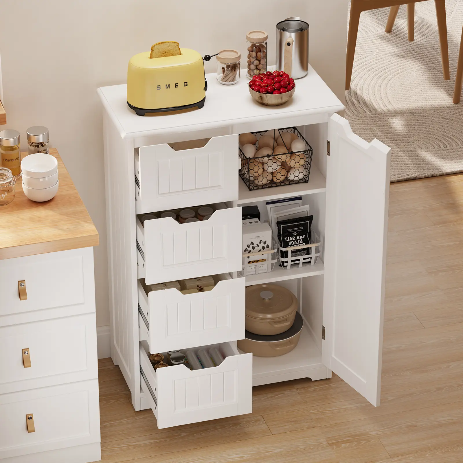 Gizoon Small Pantry Storage Cabinet with Door and Shelves, 33'' Kitchen Pantry Freestanding Wooden Bathroom Storage Cabinet with 4 Drawers for Kitchen and Dining Room, White, Painted