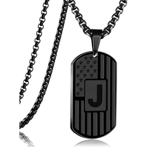 Flag Initial Dog Tag Necklace for Men,Stainless Steel with Chain Military Pendant Necklace Gift for Valentine's Birthday Christmas Anniversary