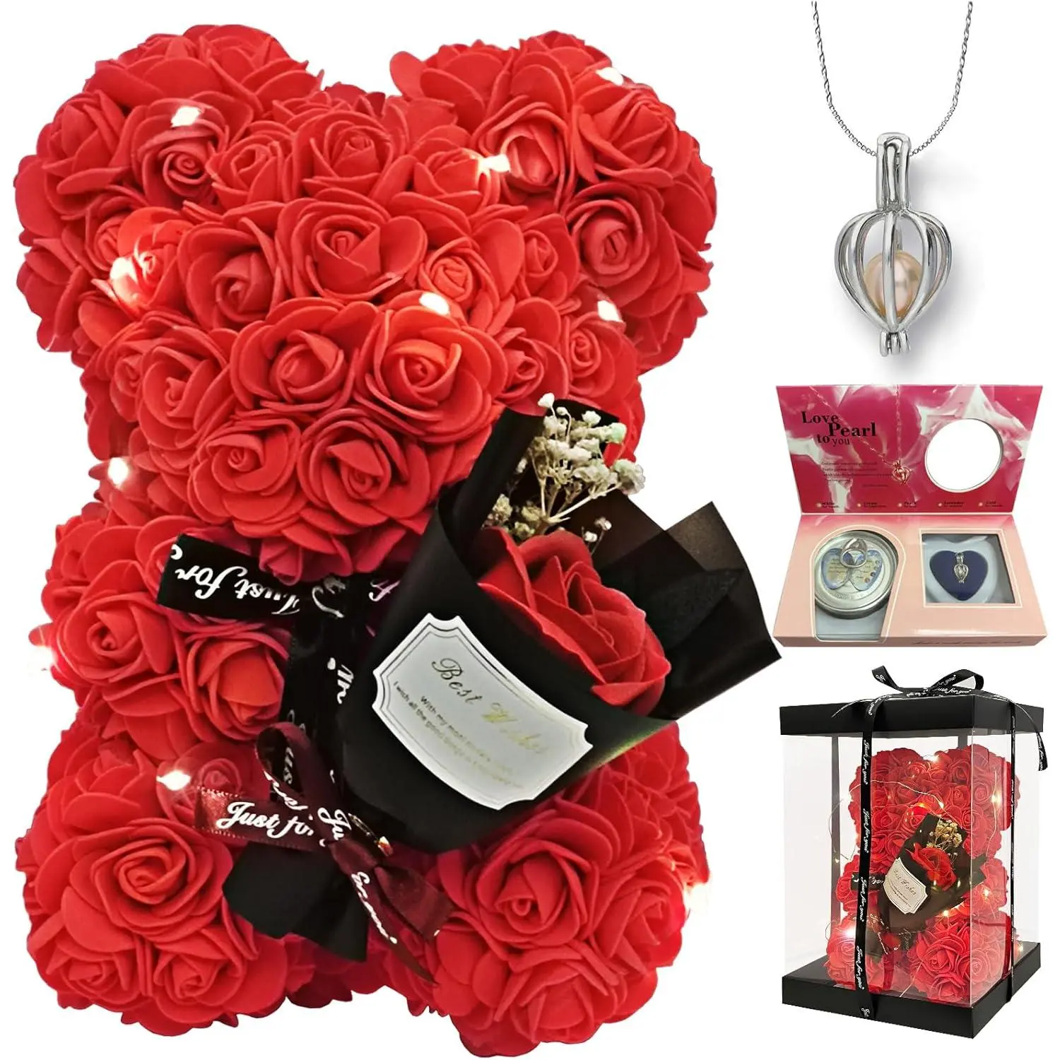 Artificial Rose Teddy Bear Set with Preserved Lasting Roses Bouquet & Blind Box Pearl Necklace - Romantic Gifts for Girlfriend, Cute Gifts for Wife, Festive Home Decor (Valentine’s Day/Mother’s Day Presents)