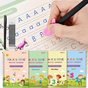 Magic Practice Copybook, Reusable Writing Magic Book, Grooved Handwriting Workbooks for Preschool Kids Age 3-8 ​Calligraphy (4 Books with Pens)