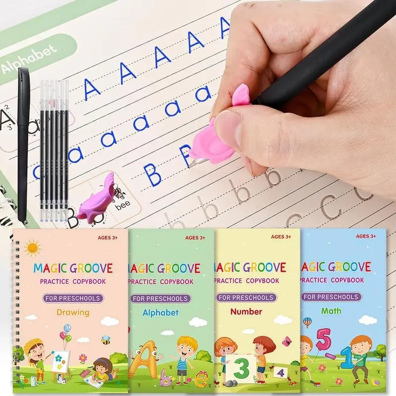Magic Practice Copybook Set - Reusable Grooved Handwriting Workbooks, Preschool Learning Materials, Guided Tracing Handwriting Aid for Kids Age 3-8, 4 Books with Pens, School Supply Shopping Classroom Stationery