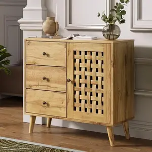 RoyalCraft  Vintage Storage Cabinet, Basket Weave Wooden Door & 3 Drawers, Kitchen Sideboard with Adjustable Shelves, Coffee Bar Cabinet for Living Room, Hallway, Entryway, Dining Room, Natural Wood