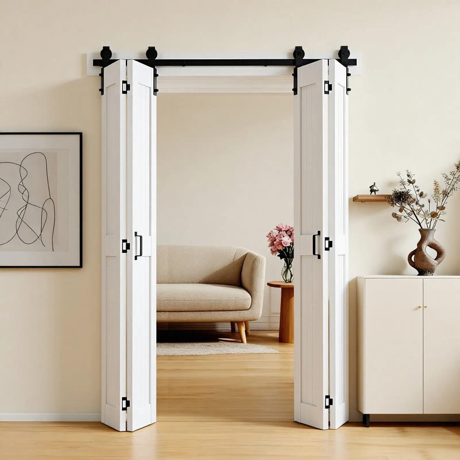 VEVOR 48x84 Rectangular Pre-Assembled MDF Bifold Barn Door, H-Frame Space-Saving Indoor Furniture, Installation Hardware Included, for Bedroom, Room Divider