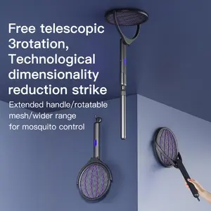 Foldable retractable 4-in-1 electric mosquito swatter with built in purple insect light, Electronic Mosquito Zapper, Rechargeable mosquito killer, suitable for indoor household and office use, featuring an extendable handle and rechargeable functionality