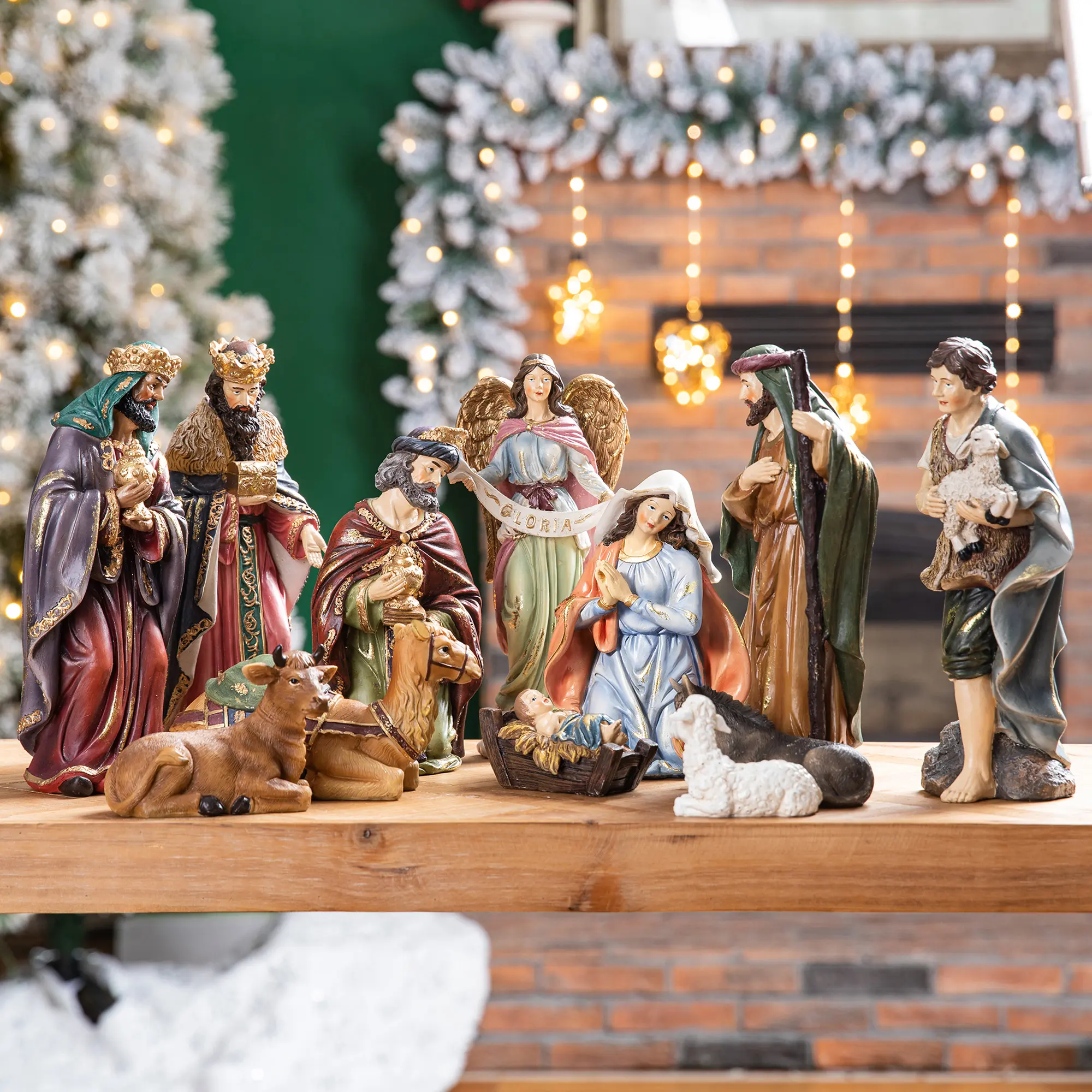 Glitzhome 12pcs Oversized Hand-Made Resin Nativity Figurine Set with Removable Lamb, Christmas Festive Home Decor