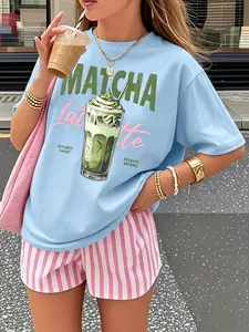 Cute Matcha Latte Print Oversized T Shirt Women, Casual Short Sleeve Coffee Graphic Top, Y2K Aesthetic Summer Outfit for Coffee Lovers, Daily Wear #springsaledeals2026 #summeroutfits #fyp #womensfashion