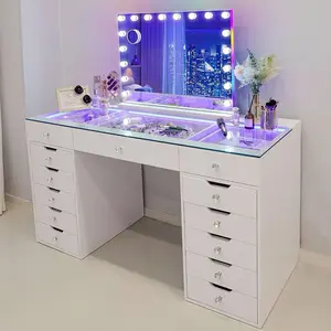VANITII - Escritorio de maquillaje con espejo y luces RGB con espejo de maquillaje, tocadores superiores de cristal con estación de carga, espejo iluminado RGB, juego de tocador táctil inteligente