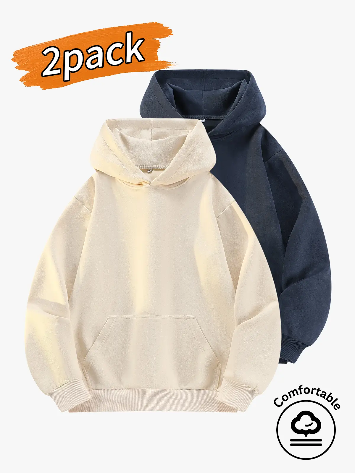 2-pack men's hoodies, men's sweatshirts, men's solid-color pullover hoodies.Lazy-style long-sleeve pullover hoodie with a front kangaroo pocket, minimalist no-print design, loose fit that hides bulges and looks slimming, available in multiple colors—an es