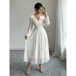 Elegant Lace Peplum Dress for Women, Long Sleeve V-Neck with Cross Detail, Fabric, 95% Polyester 5% Elastane, All Season, Solid Color, Zipper Closure, 110g/m² Weight