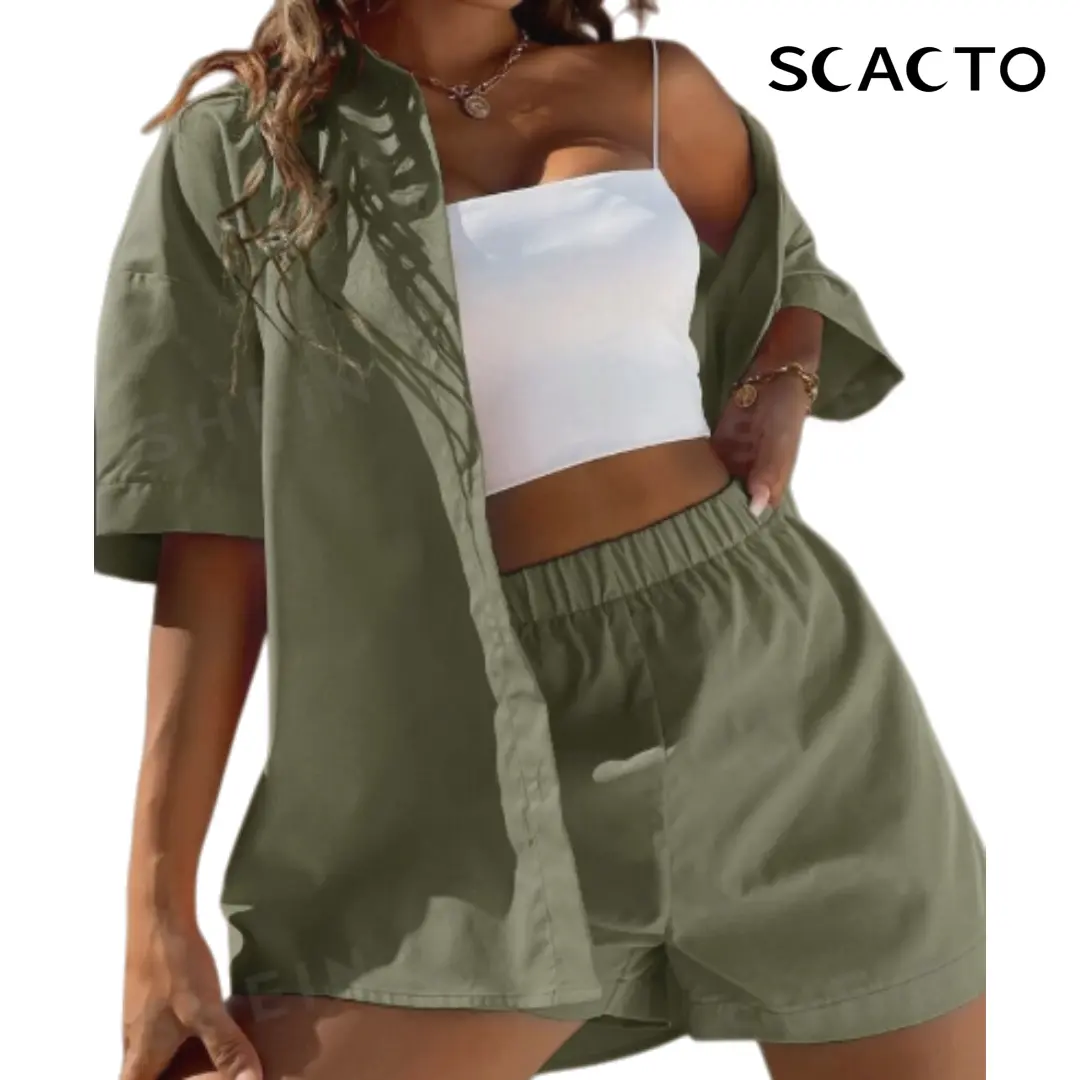 Scacto Women's Basic Casual Fashion Set, Minimalist 2-Piece Solid Polyester Outfit with Comfortable Drop Shoulder Tops and Shorts, Fabric
