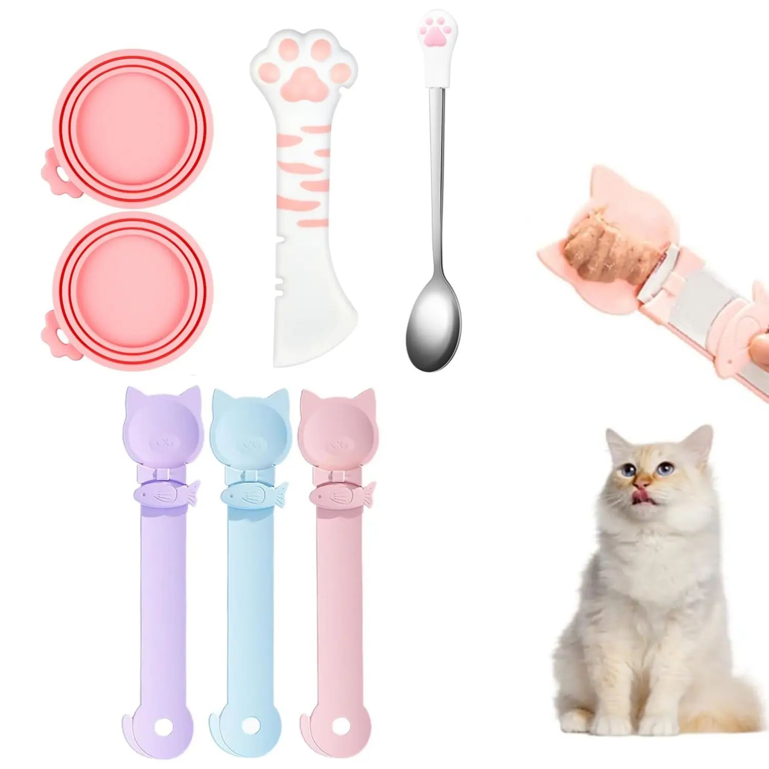 7PCS PCS Cat Food Can Covers Lids Set, Silicone Pet Food Can Lids with Multi-Function Cat Food Spoon and Opener, Cat Bar Squeezer, Stainless Steel Wet Food Spoon for Cats and Dogs