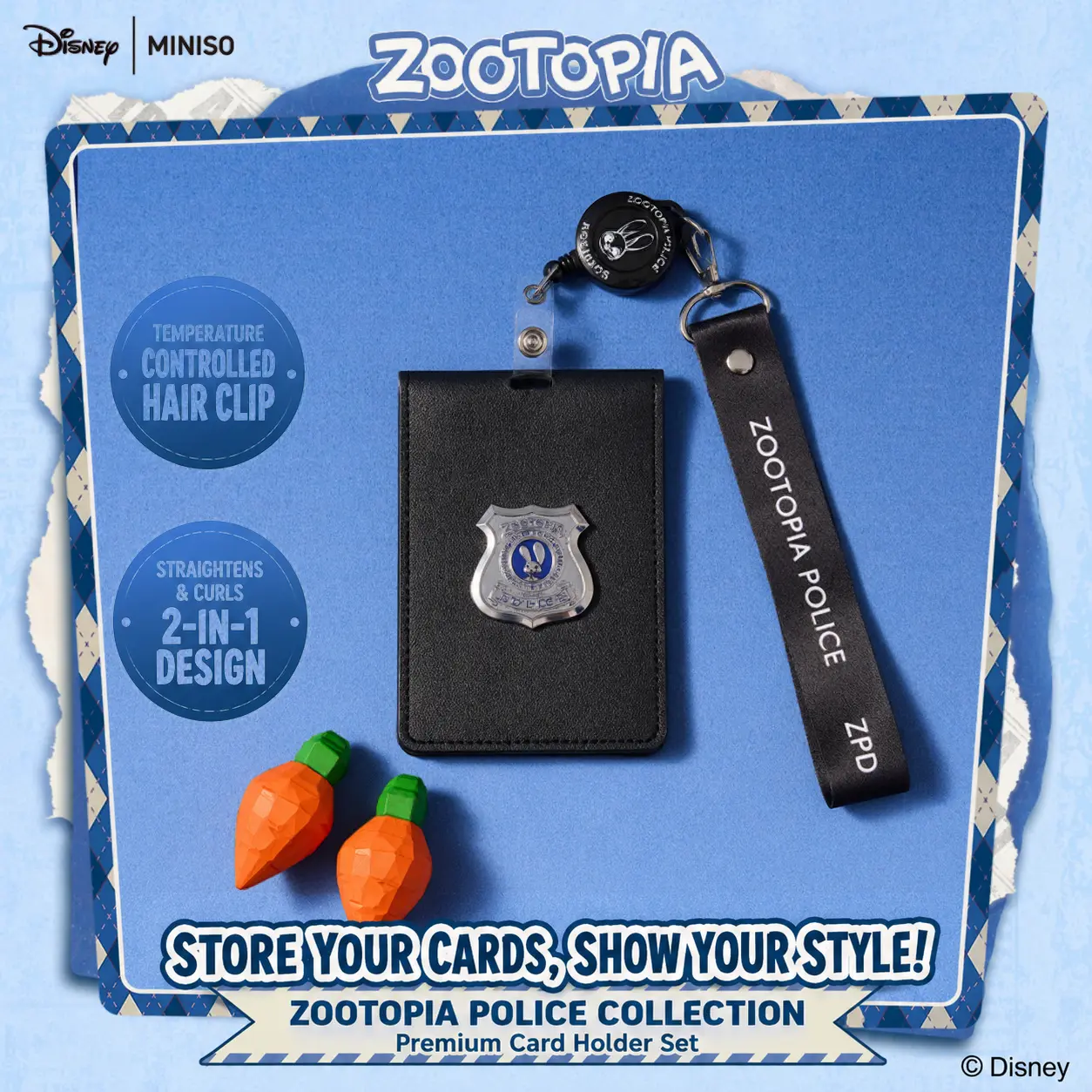 MINISO x Disney Zootopia Judy Hopps Police Life Series Vertical Card Holder Keychain, Cute ID Badge Wallet for Work & Travel (Bags, School Compatible), Back To School