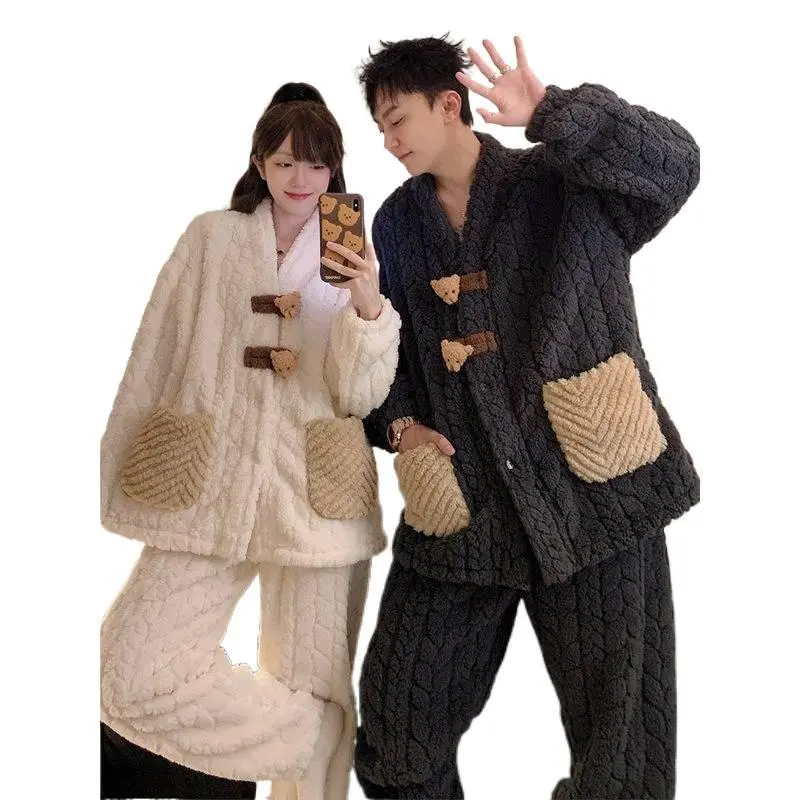 Couple's Cute Bear Pajamas, Trending Korean Style Plush Fleece Matching Set, Long Sleeve Fashion Loungewear for Winter, Casual, Essential