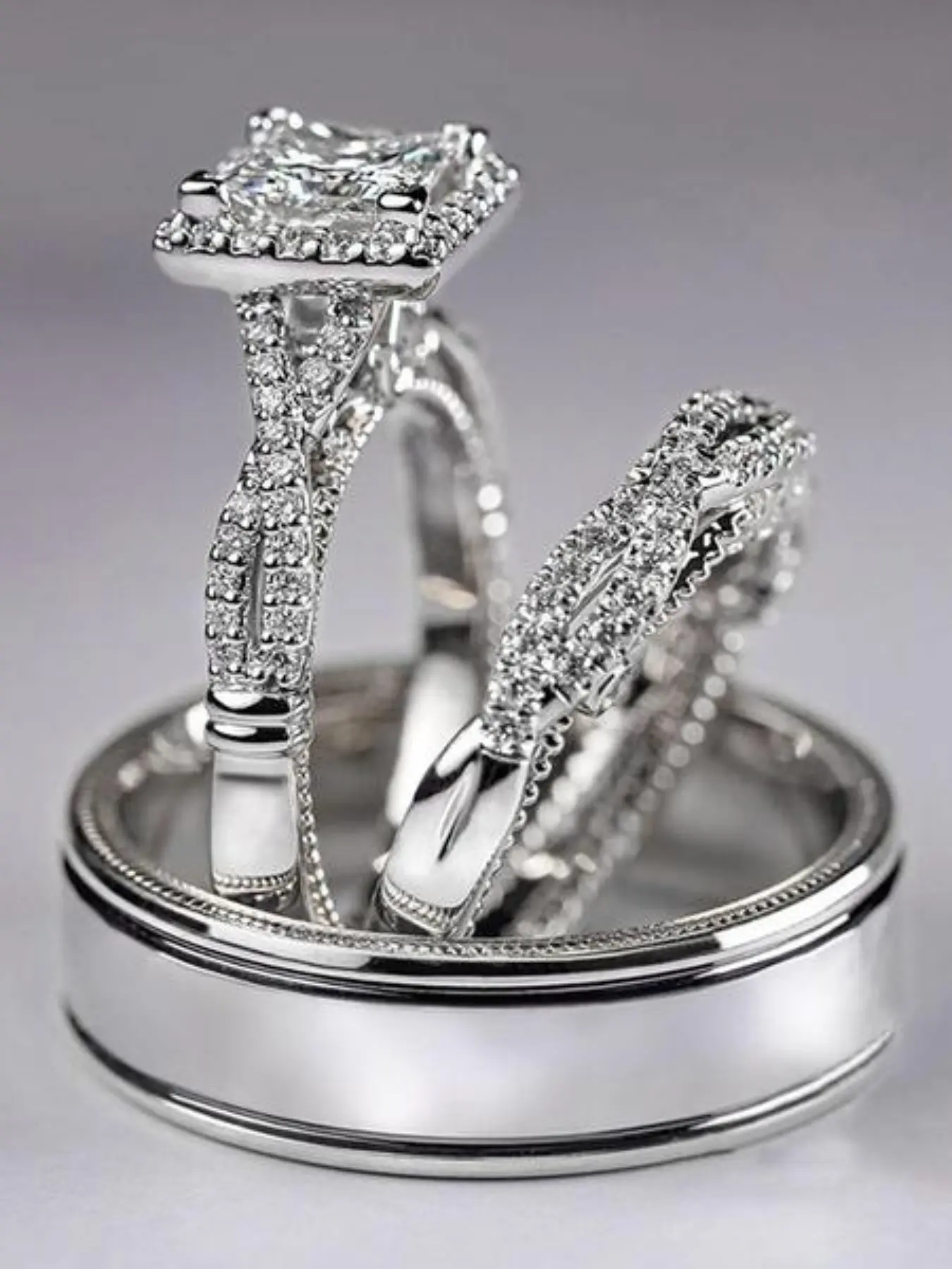 Luxury Diamond Wedding Ring Set, 3-Piece Rose Gold Ring with Sparkling Zircon Stone, Elegant Engagement Ring for Women, Perfect Gift for Girlfriend or Wife, Wedding Promise Rings, Fashion Engagement Rings, Beautiful Rings, Jewelry Rings