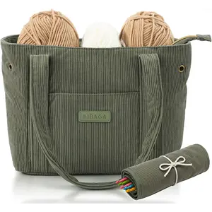 Stylish Yarn Bag for Crochet and Knitting Projects - Corduroy Crochet Organizer with 4 Interior Pockets and Yarn Holes - Perfect for Storing Hooks, Needles and Crafting Accessories