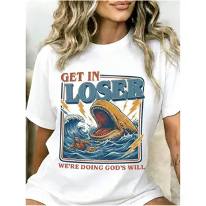 Get In Loser Were Doing Gods Will T Shirt With Jonah And Whale Design Funny Religious Humor Graphic Tee For Men Women Unisex Casual Wear Gift For Christians