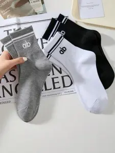 Women's Socks Set, Pure Color Sports Striped Letter Mid-Calf Socks, Casual Simple Style, Comfortable Soft, Unisex Couple Socks, All Seasons