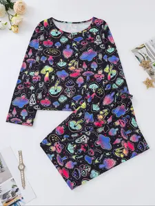 Women's Two-Piece Set Base Colorful Mushroom Star Print Sleepwear Loungewear, Casual Long Sleeve Round Neck Top & Elastic Pants