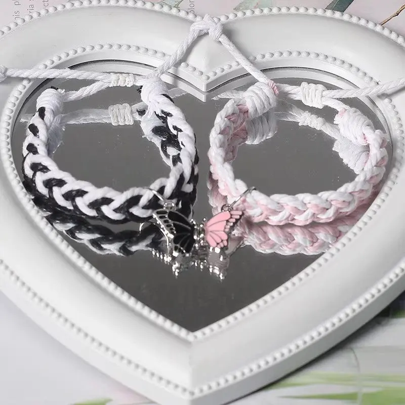 Magnetic Half-Butterfly Couple Bracelets, Zinc Alloy Adjustable Braided Rope Matching Jewelry Set for Long Distance Relationship, Gf Gift, Memorial Day